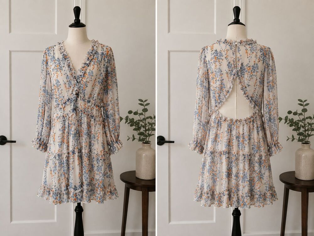 Womens M Floral Ruffle Dress Open Back Blue Orange Long Sleeve Boho Romantic